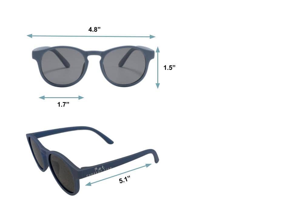 
                  
                    Measurement chart of sunglasses with dimensions labeled on a white background.
                  
                