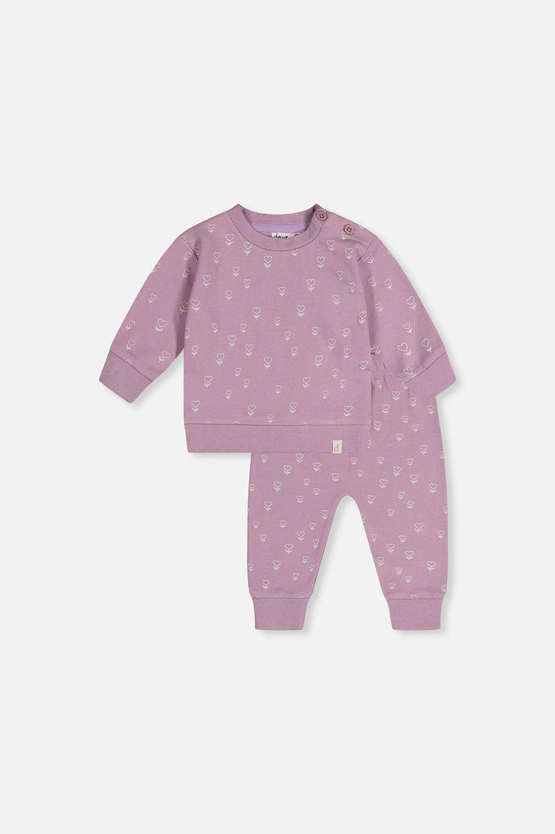 
                  
                    Purple children's pant and top set with a floral pattern on a white background.
                  
                
