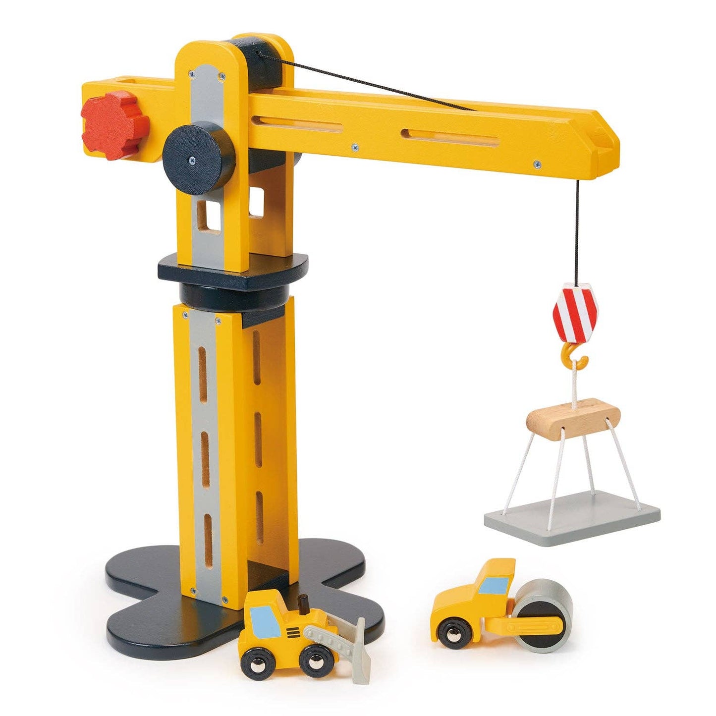 
                  
                    Toy construction crane set with a bulldozer, and truck on a white background.
                  
                