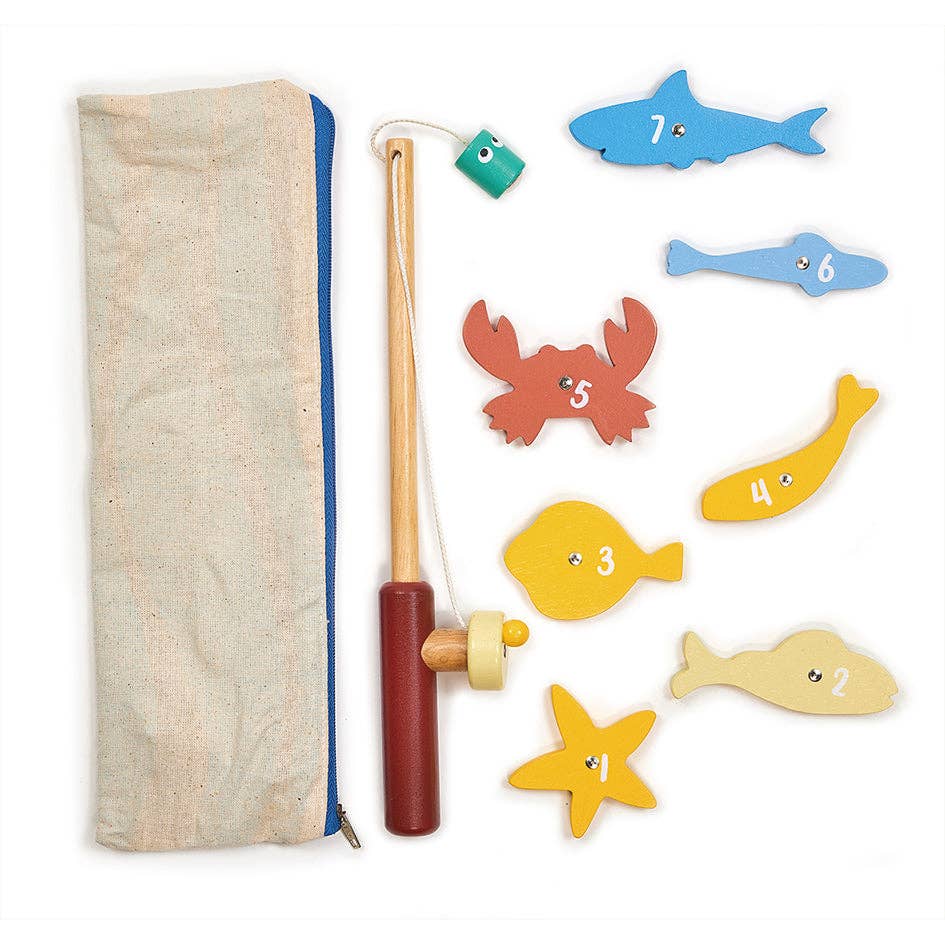 
                  
                    Wooden fishing game set with pegs and a bag on a white background.
                  
                
