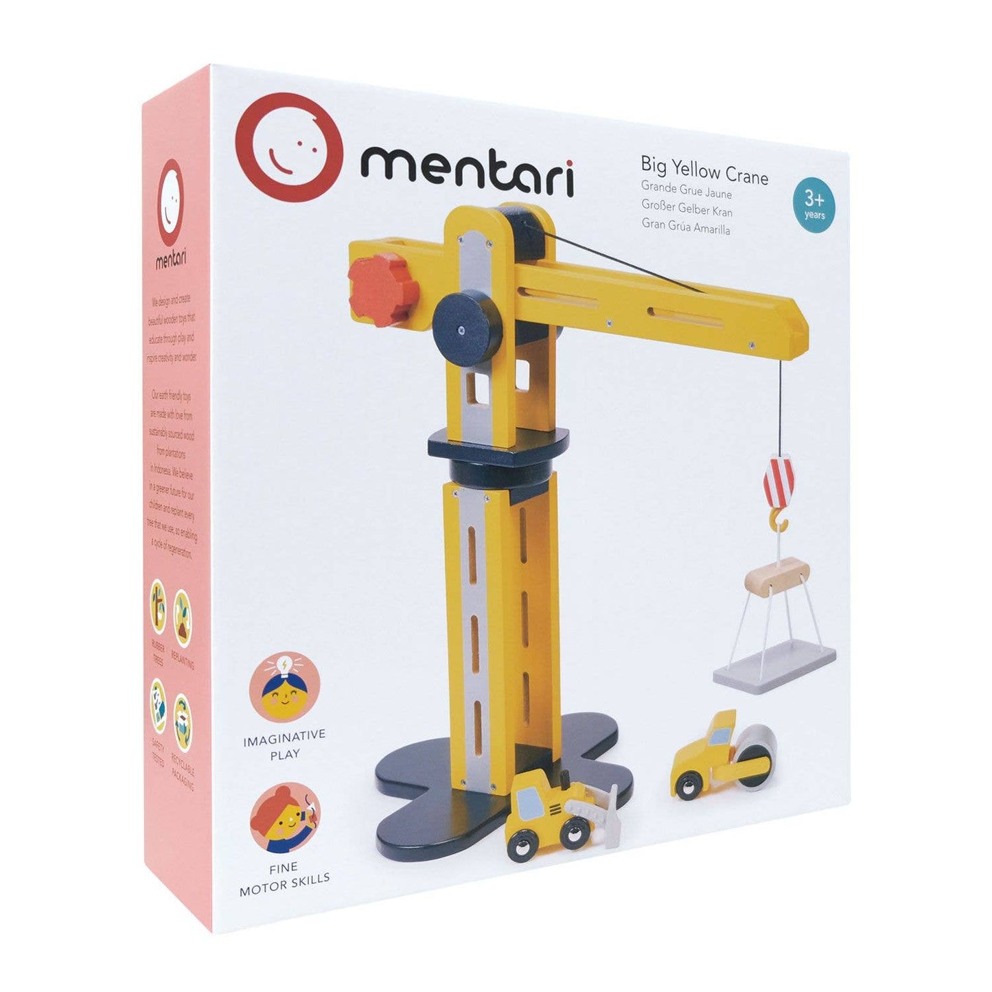 
                  
                    Mentari Big Yellow Crane wooden toy set in its original retail packaging, featuring a yellow crane, small construction vehicles, and a hanging crane hook on a white box with pink side panels.
                  
                