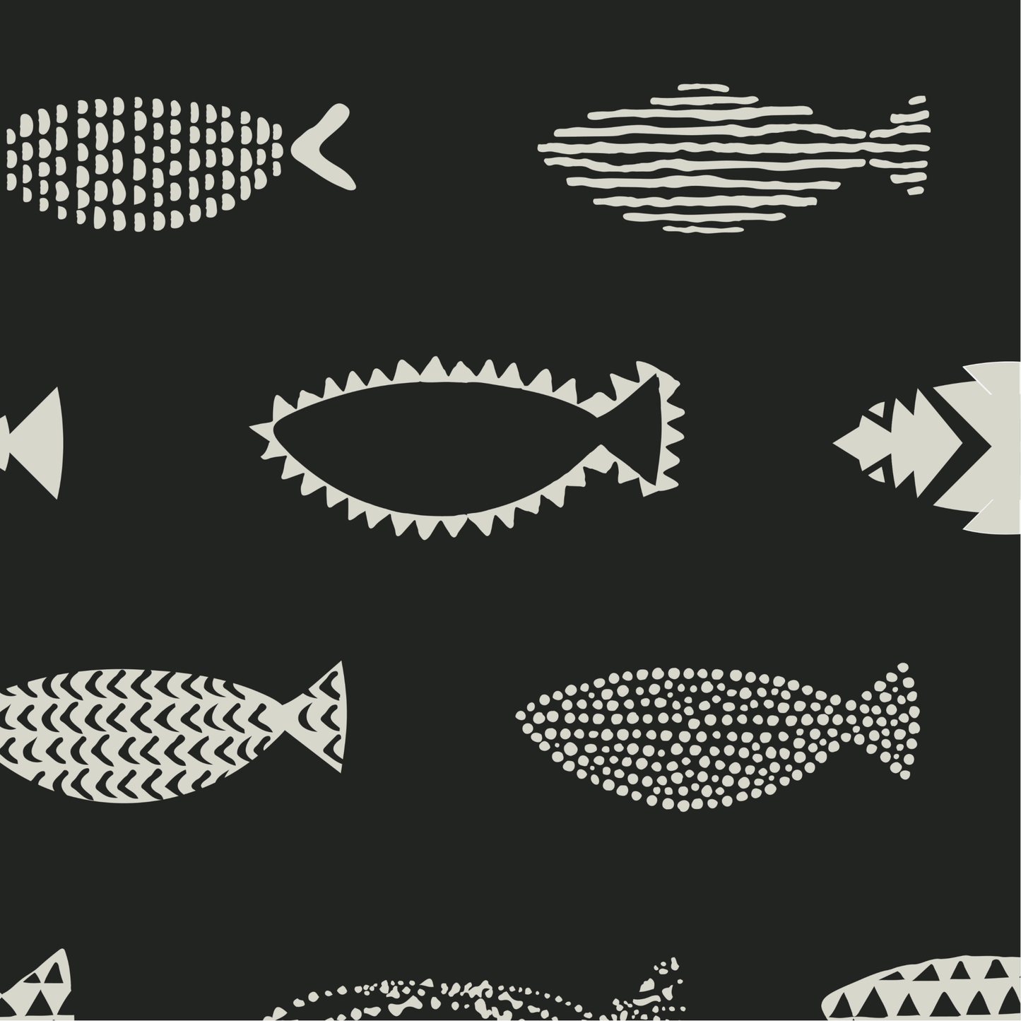 
                  
                    Pattern of stylized fish shapes on a black background
                  
                