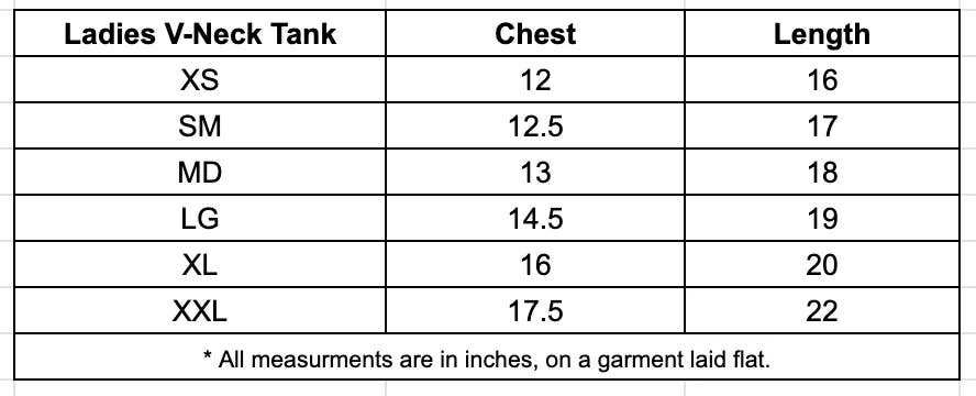 
                  
                    Measurement chart for Ladies V-Neck Tank with chest and length dimensions in inches.
                  
                