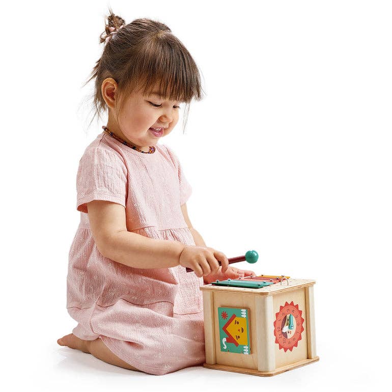 
                  
                    Child playing with a wooden toy box on a white background.
                  
                
