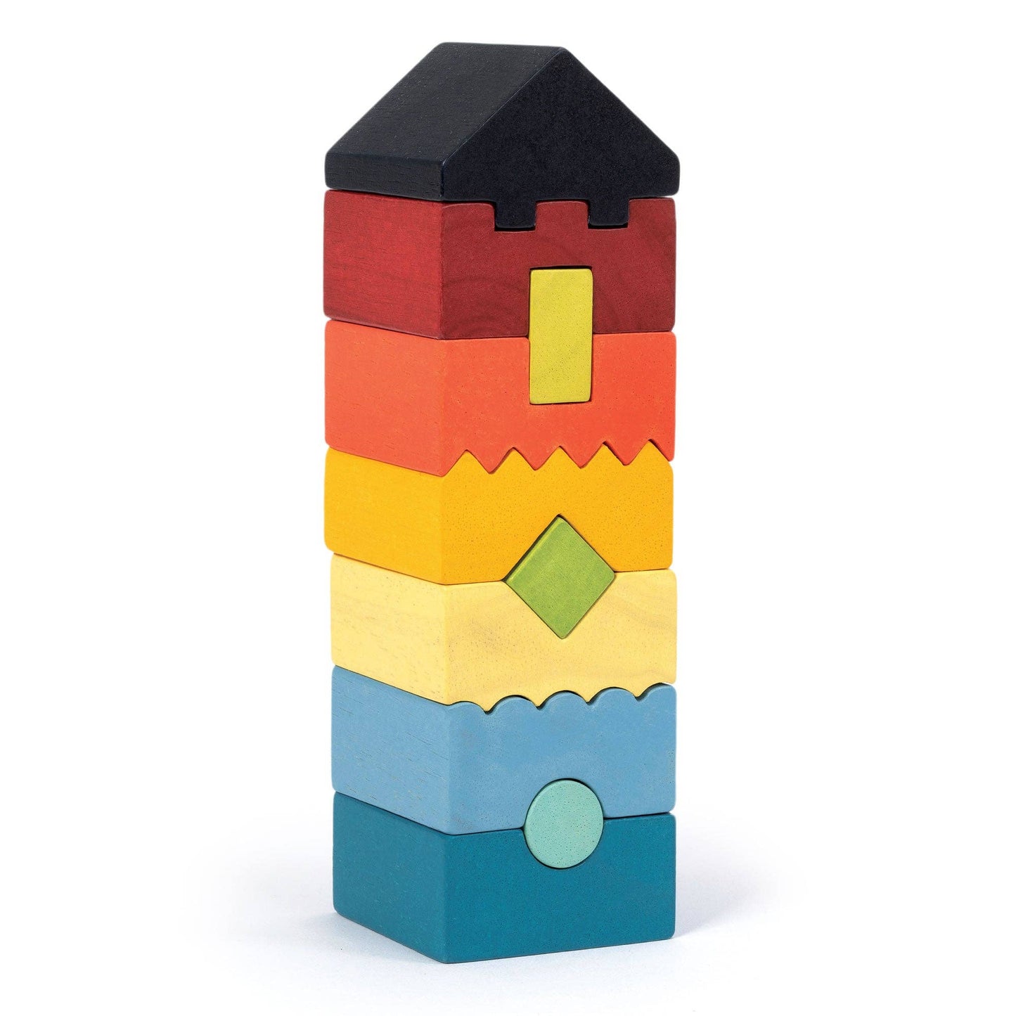 
                  
                    Colorful wooden block tower on a white background.
                  
                