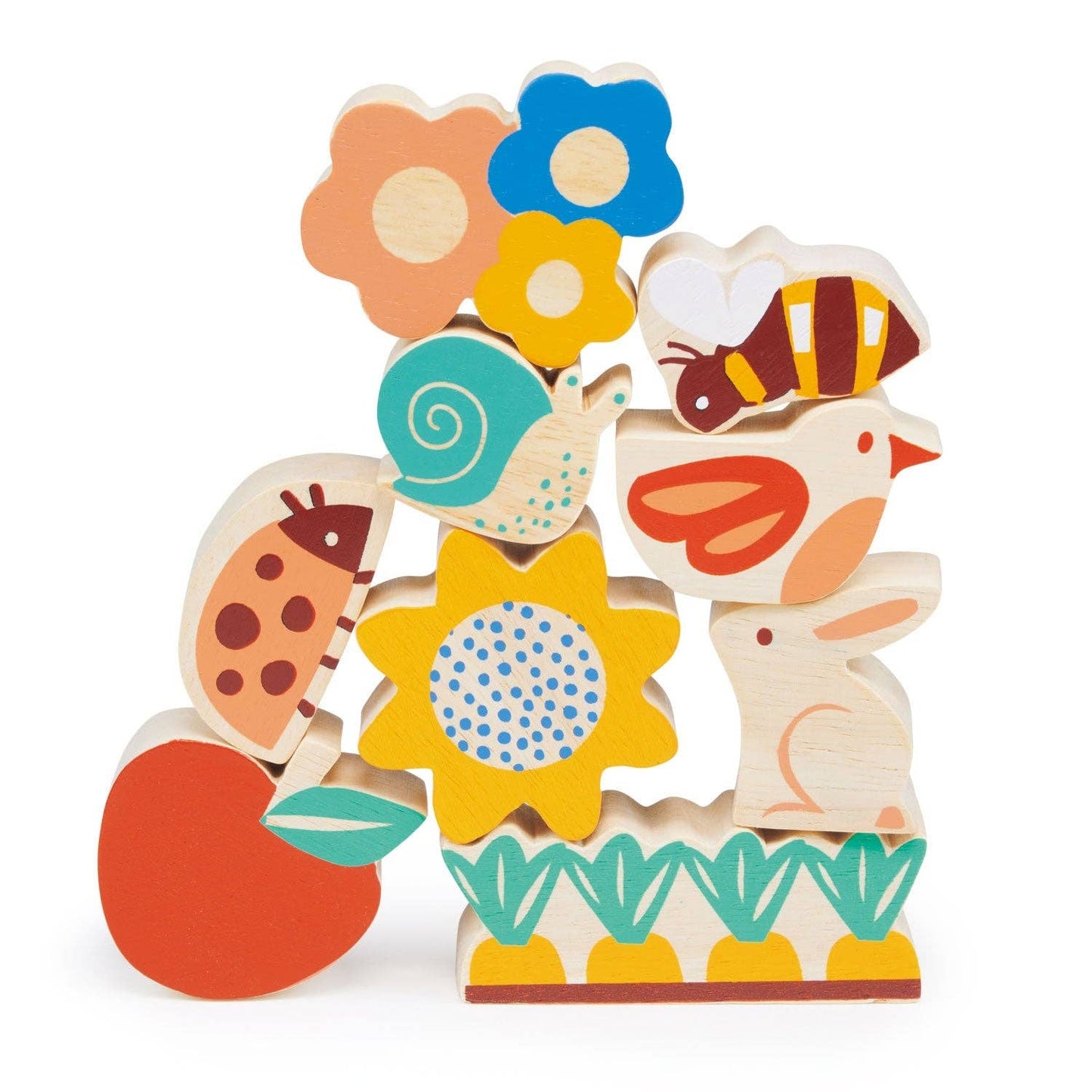 
                  
                    Wooden toy set with animals, flowers, and a snail on a white background.
                  
                