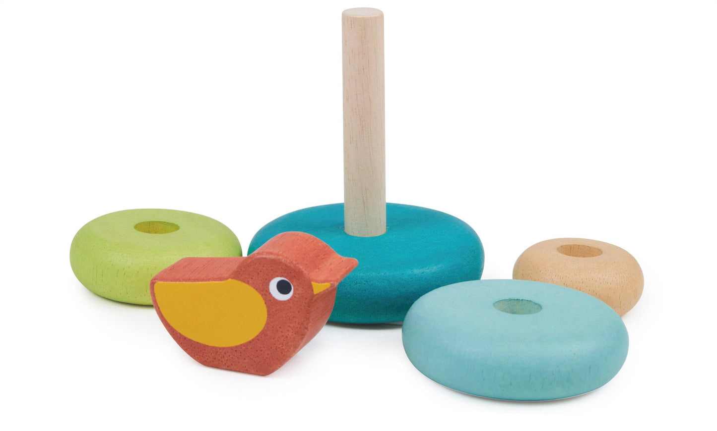 
                  
                    Colorful wooden toy set with a bird-shaped top on a white background.
                  
                