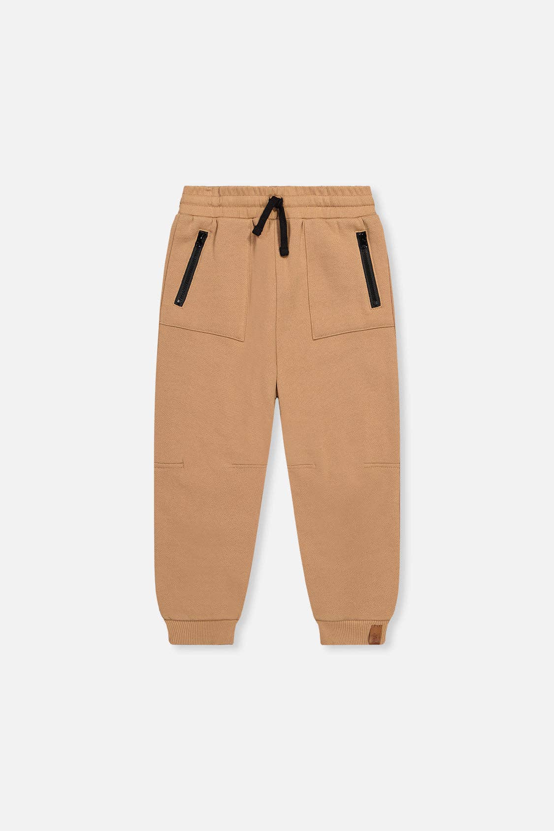 
                  
                    A pair of beige jogger pants with black zipper details on the side pockets and a black drawstring, shown flat on a light gray background.
                  
                