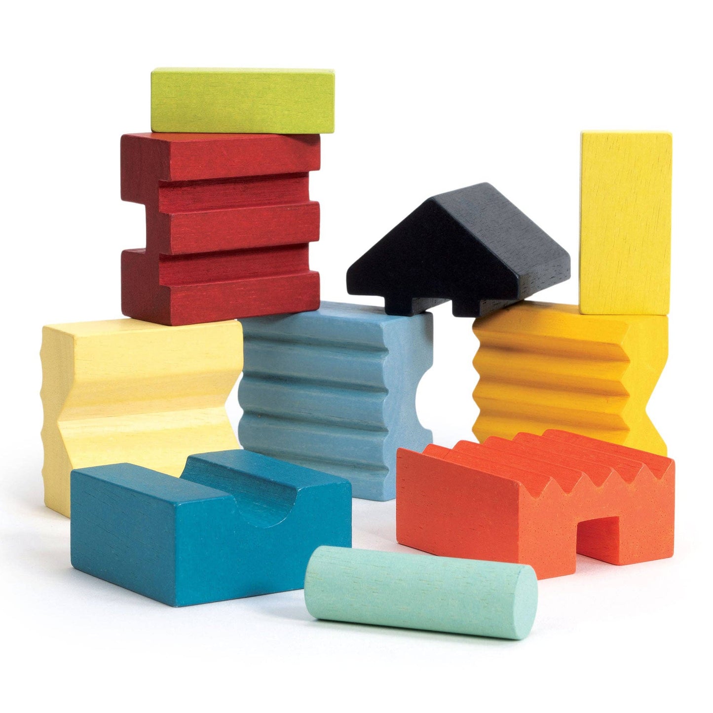 
                  
                    A set of colorful wooden building blocks arranged on a plain white background. The blocks come in multiple shapes and colors including red, yellow, blue, orange, green, black, and light blue.
                  
                