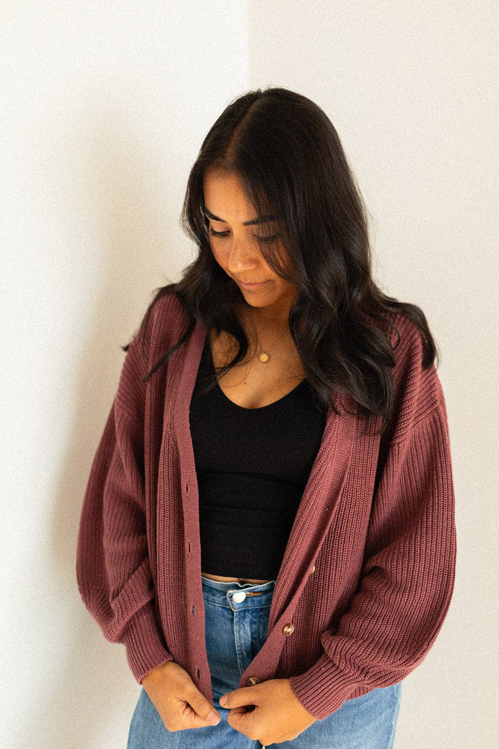 Ladies Knit Button Cardigan - Dusty Fig