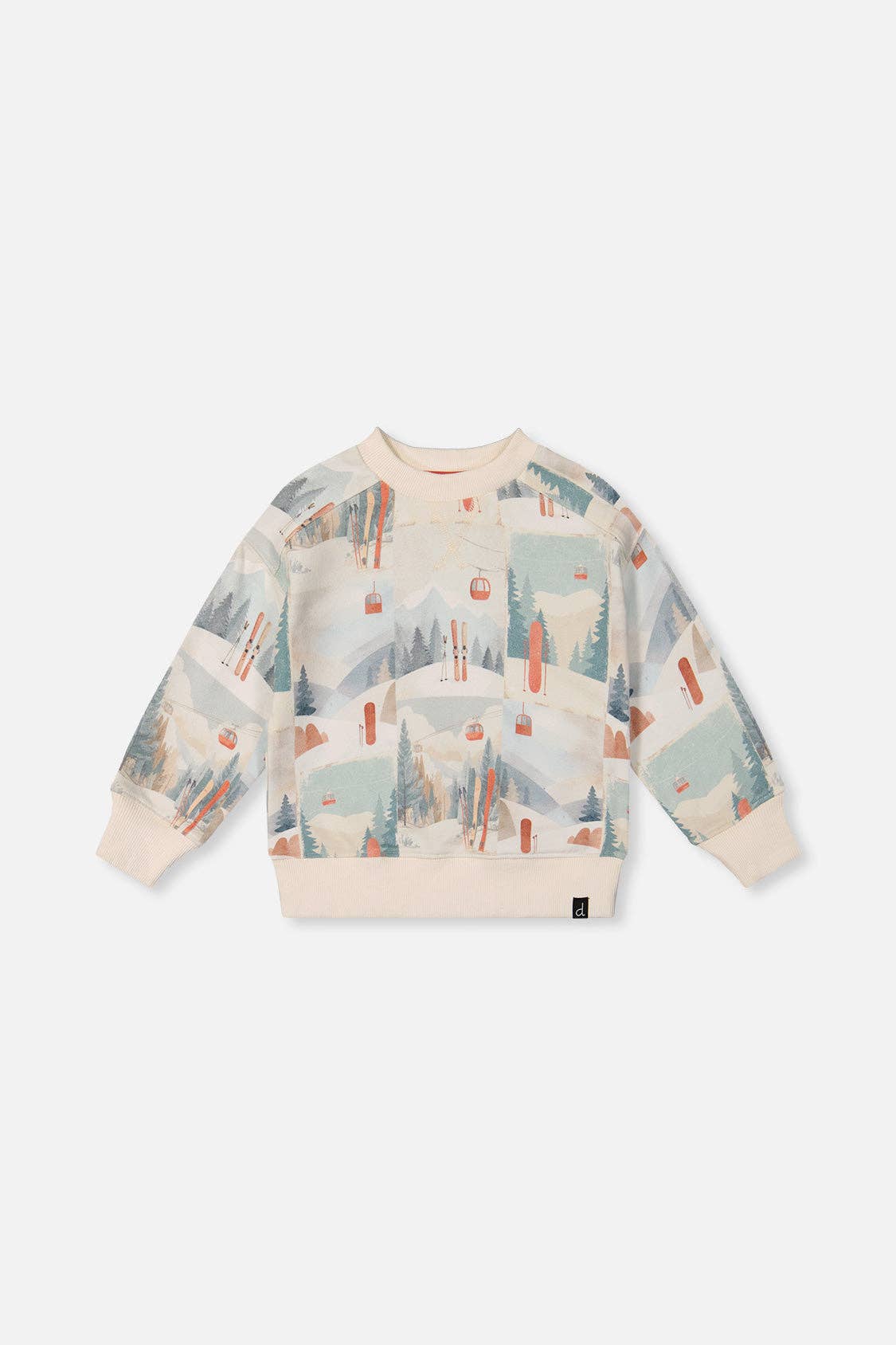
                  
                    A long-sleeve crewneck sweatshirt featuring a whimsical winter mountain and ski resort print in soft pastel tones of blue, green, orange, and beige, displayed flat against a light gray background.
                  
                