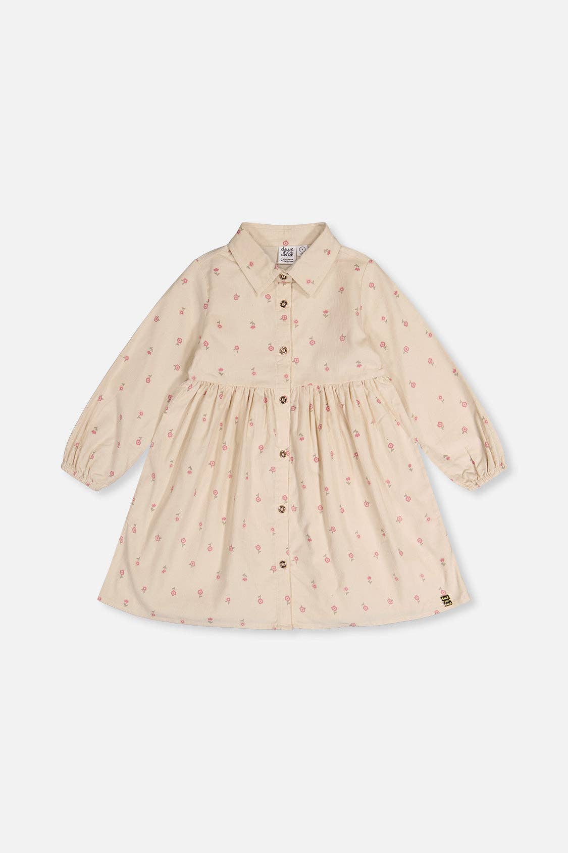 Beige corduroy dress with floral pattern on a white background.