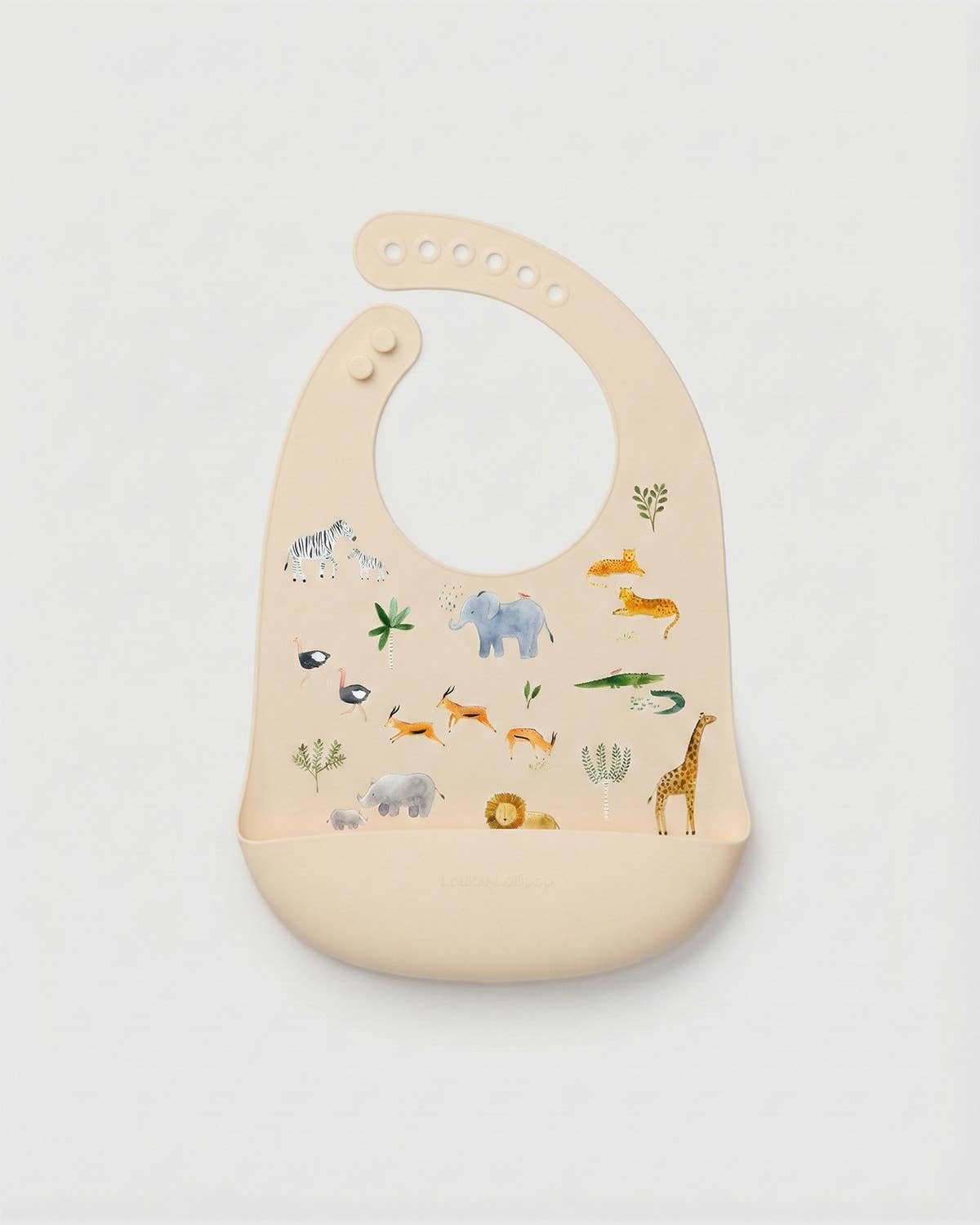 Beige bib with animal illustrations on a light gray background.