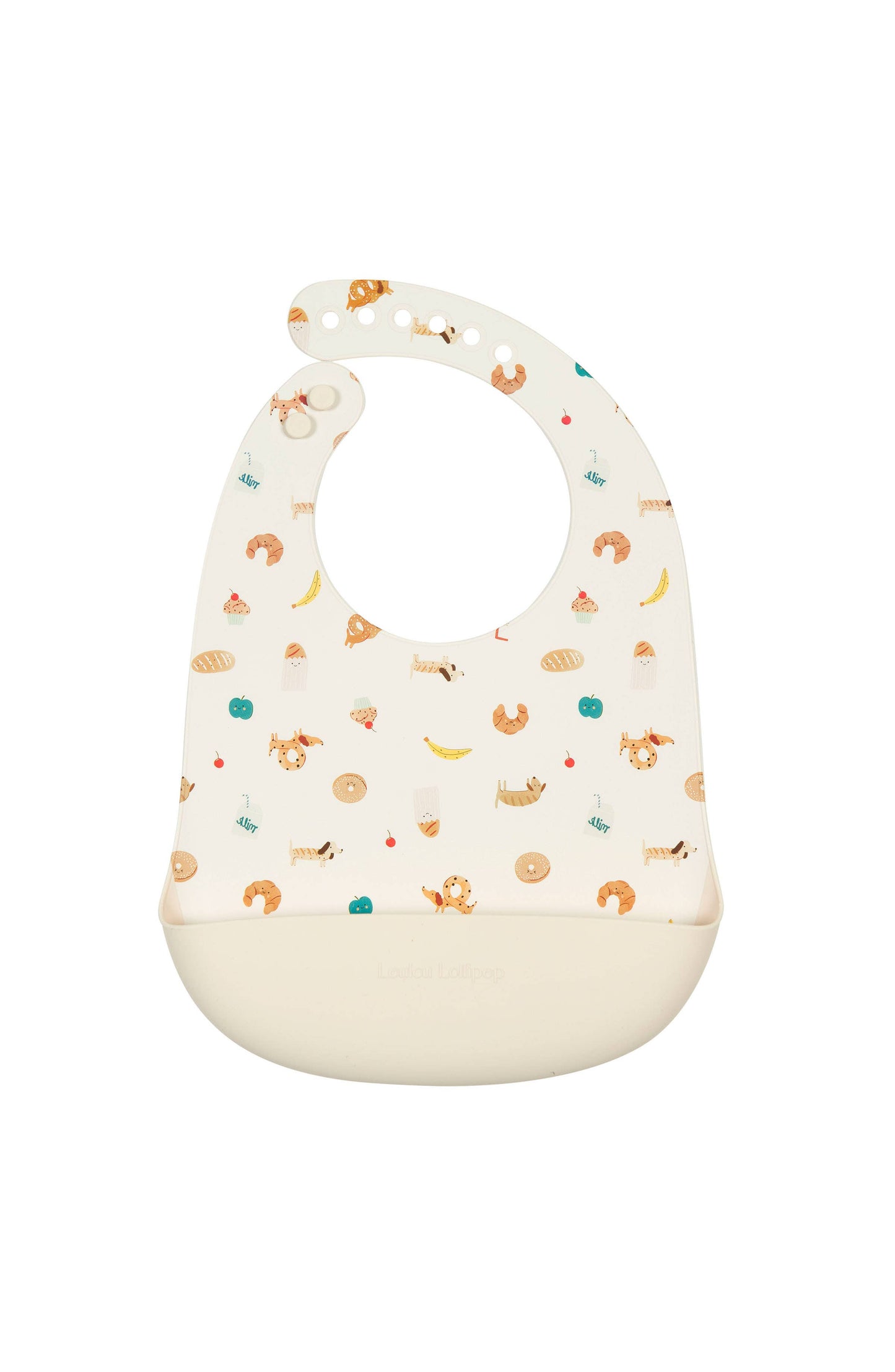 Baby bib with colorful animal print on a white background