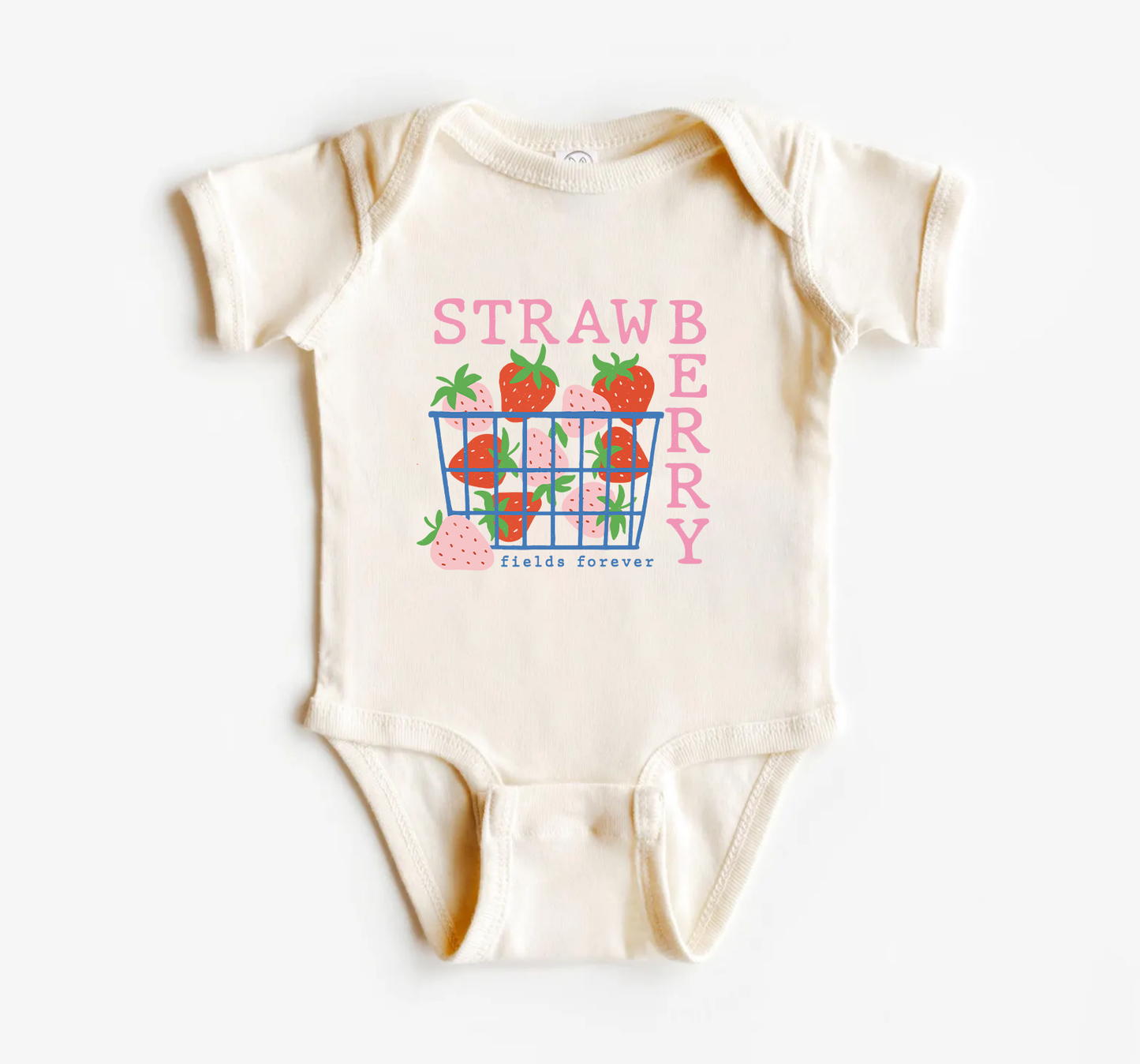 Baby onesie with strawberry design and text on a white background.