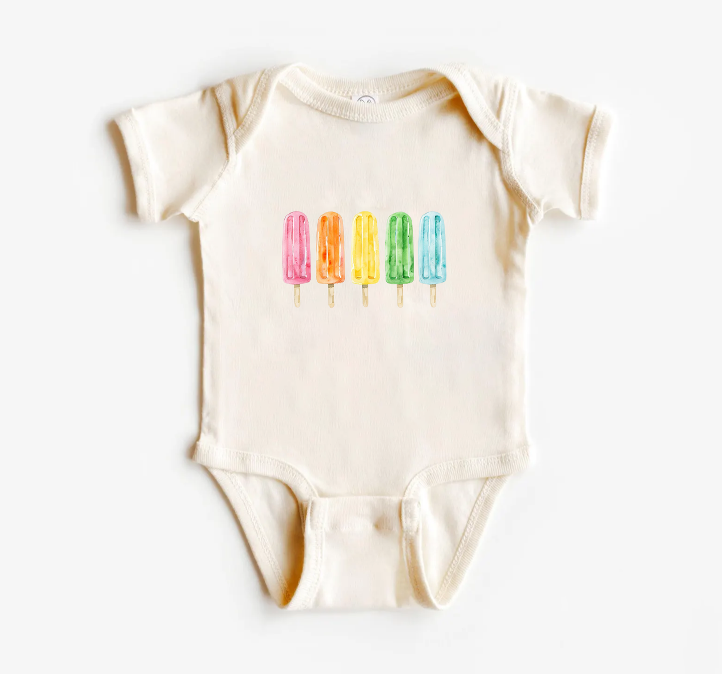 Beige baby onesie with colorful popsicle design on a white background.