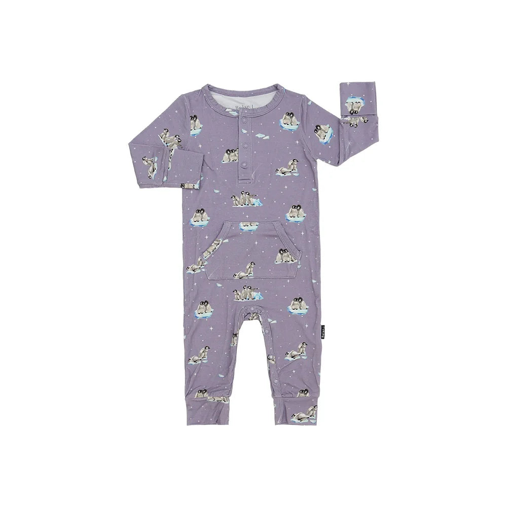Long Sleeves Pocket Romper - Penguins (Periwinkle)
