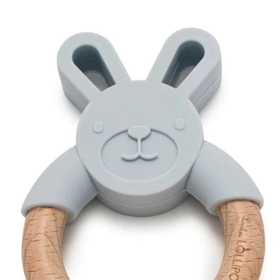 Loulou Lollipop Bunny Silicone + Wood Teether - Light Grey - Mama + Fawn Co.-